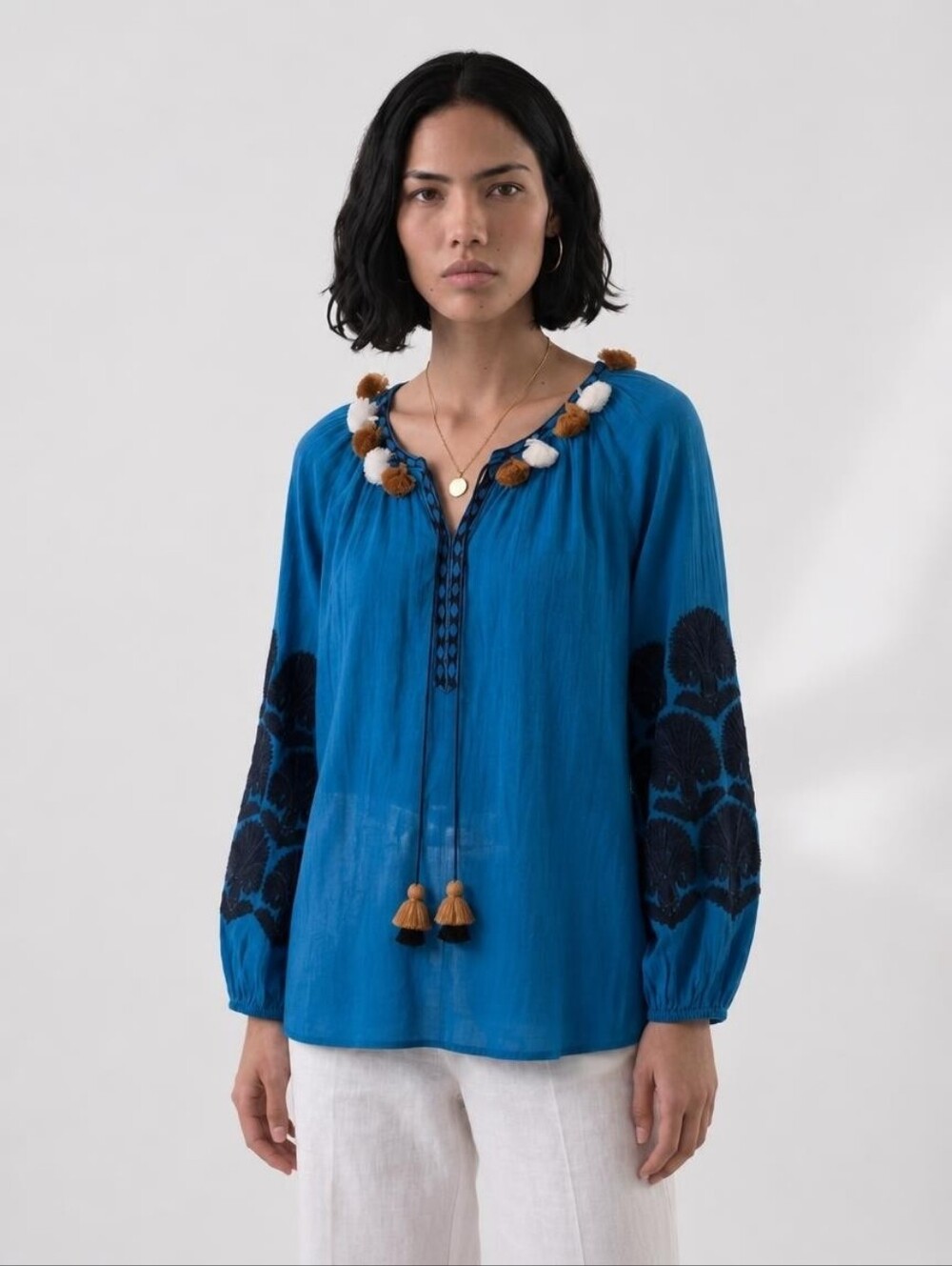 Figue BOHO Blue Misses 100% Cotton Long Sleeve Top with Embroidery Size XS